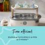Open white steam sterilizer on a kitchen counter with text about how it’s time efficient