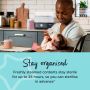 Dad feeding baby in kitchen with black steam steriliser in the background and text about staying organised