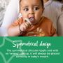 Baby holding a breast-like pacifier nipple to his mouth with describing the benefits of the symmetrical design.