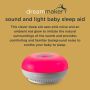 Infographic of the Dreammaker sleep aid explaining that it uses pink noise and pulsing red light to soothe baby to sleep.  