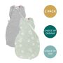 Grey and woodland swaddlebag on white background with 2 pack, choice of designs and tog roundels 