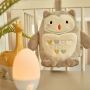 Ollie the Owl Light and Sound USB Rechargeable Sleep Aid Grofriend Hanging From Cot with Gro Egg2 Groegg2 Ambient Room Thermometer Placed on the Side Table