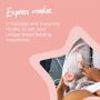 Woman using the electric breast pump while changing the settings on the power unit with text describing the different express and massage modes