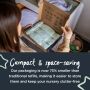 Someone opening the lid of their Eco Refill box with text about how they’re compact and space-saving