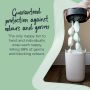 Someone lifting the lid of their Twist & Click bin to show individually wrapped nappies with text about germ and odour protection
