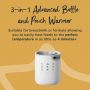 3 in 1 advanced bottle and pouch warmer explaining that it is suitable for breastmilk and formula heating feeds in 4 minutes. 
