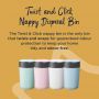 Range of nappy bin colours available with detail around the odour protection properties of the twist and click system. 
