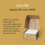 Twist and click refill with detail of how to fill the empty nappy bin chassis with the eco refill to reduce plastic waste.