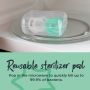2x pacifiers in sterilizer pod in a microwave with text stating you can use the pod to quickly kill up to 99.9% of bacteria