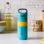 Blue flip top sportee with pointers to its hygienic straw, flip lid and leak proof valve