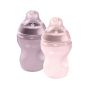 2 x 9fl oz pink silicone baby bottle on white background.