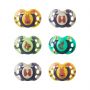 6 pack of Fun Style soothers in various colours and designs on a white background.