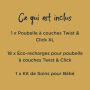 Le bloc jaune indique que le bac Tommee Tippee XL, 18 recharges éco et un kit de soins sont inclus dans cet ensemble