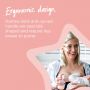 Mum breastfeeding baby and holding manual breast pump at other breast with text highlighting the ergonomic design of the pump