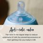 Close up of baby bottle’s nipple with text about the anti-colic valve