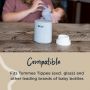 LetsGo warmer on table with woman feeding baby behind it and text about how it’s compatible with leading bottle brands