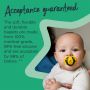 Baby with a yellow Fun Style soother in their mouth with text stating these soothers are accepted by 98% of babies.