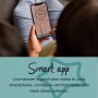 Parent holding a mobile with the smart app open on the screen. Text describing the features of the app.