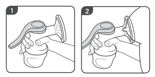 steps 1 and 2 showing breast pump held up right and placed on breast