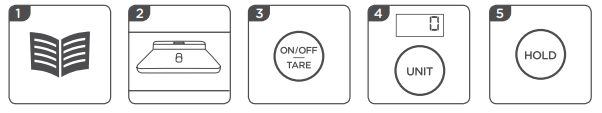 Illustration of steps showing how to use baby weighing scales tray with steps 1-5 below