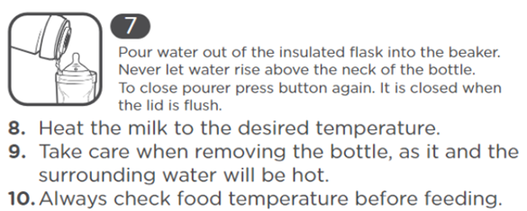 Diagram of steps how to use the travel bottle and food warmer 7 through to 10