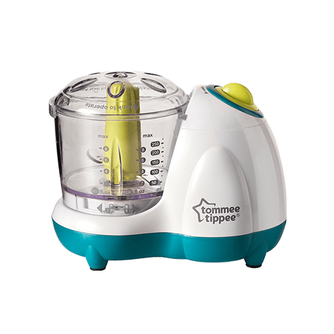 Baby Food Blender in white with blue base and yellow center blade