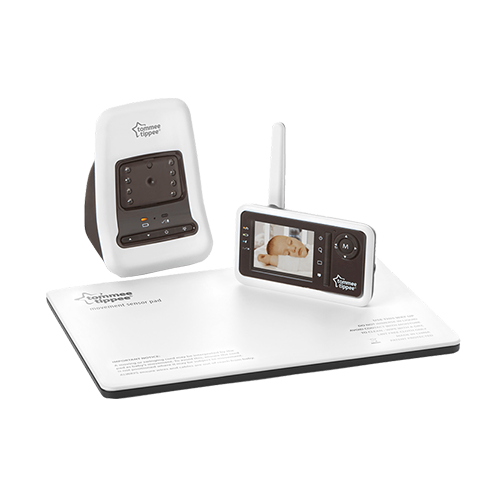 White Digital Video and Movement Monitor showing parent unit, baby unit, parent unit docking station and movement sensor pad.