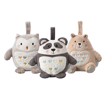 Ollie owl, pip panda and bennie bear on a white background