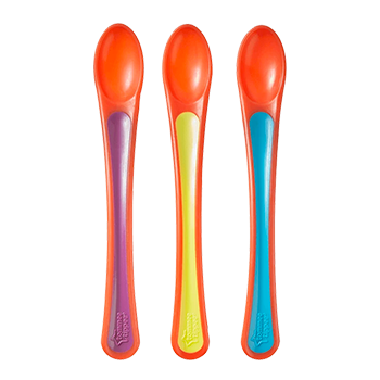 Image of 3 colourful weaning spoons on a white background 