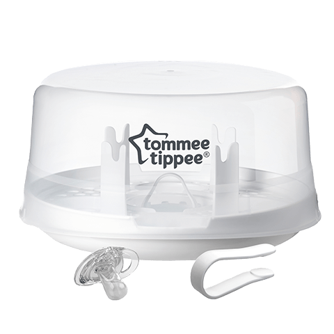 Microwave steam steriliser with a soother and tongs on a white background