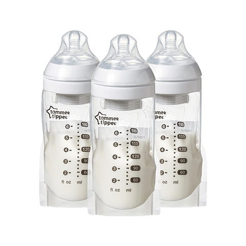 Express and Go Breast Milk Pouch Bottle with milk, cap, teats and lid
