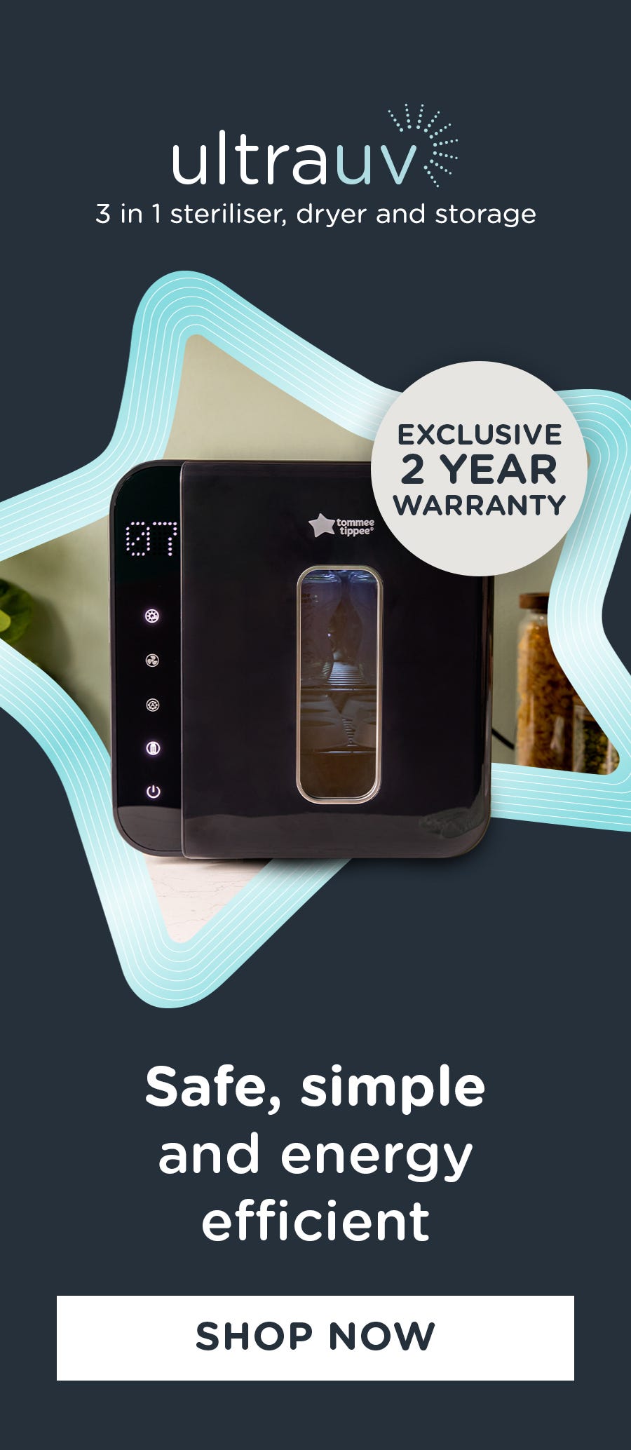 UV steriliser with 2 year warranty messaging