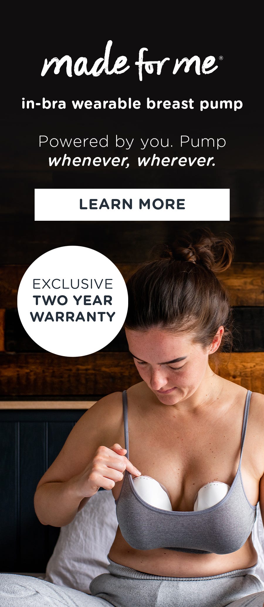 Women wearing a wearable breast pump with two year warranty message