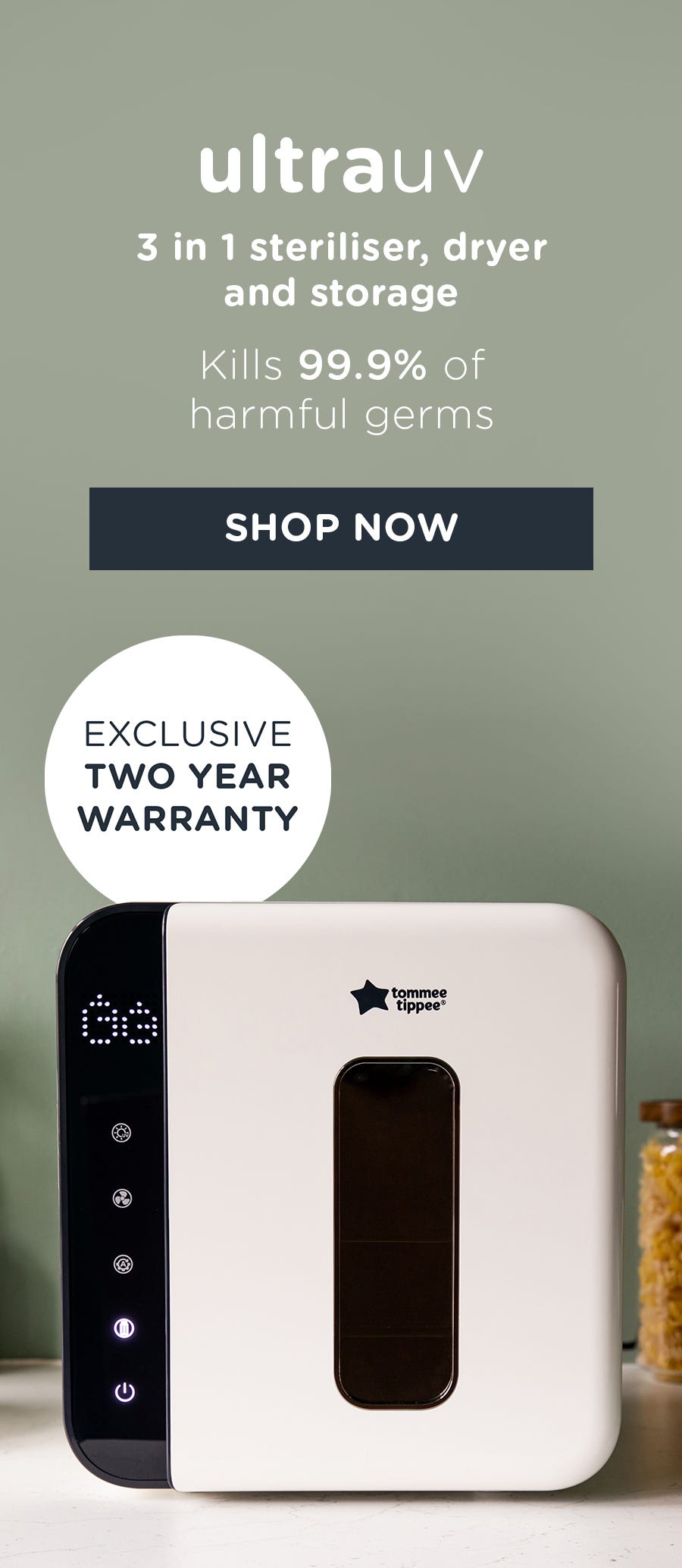 white uv steriliser with two year warranty message