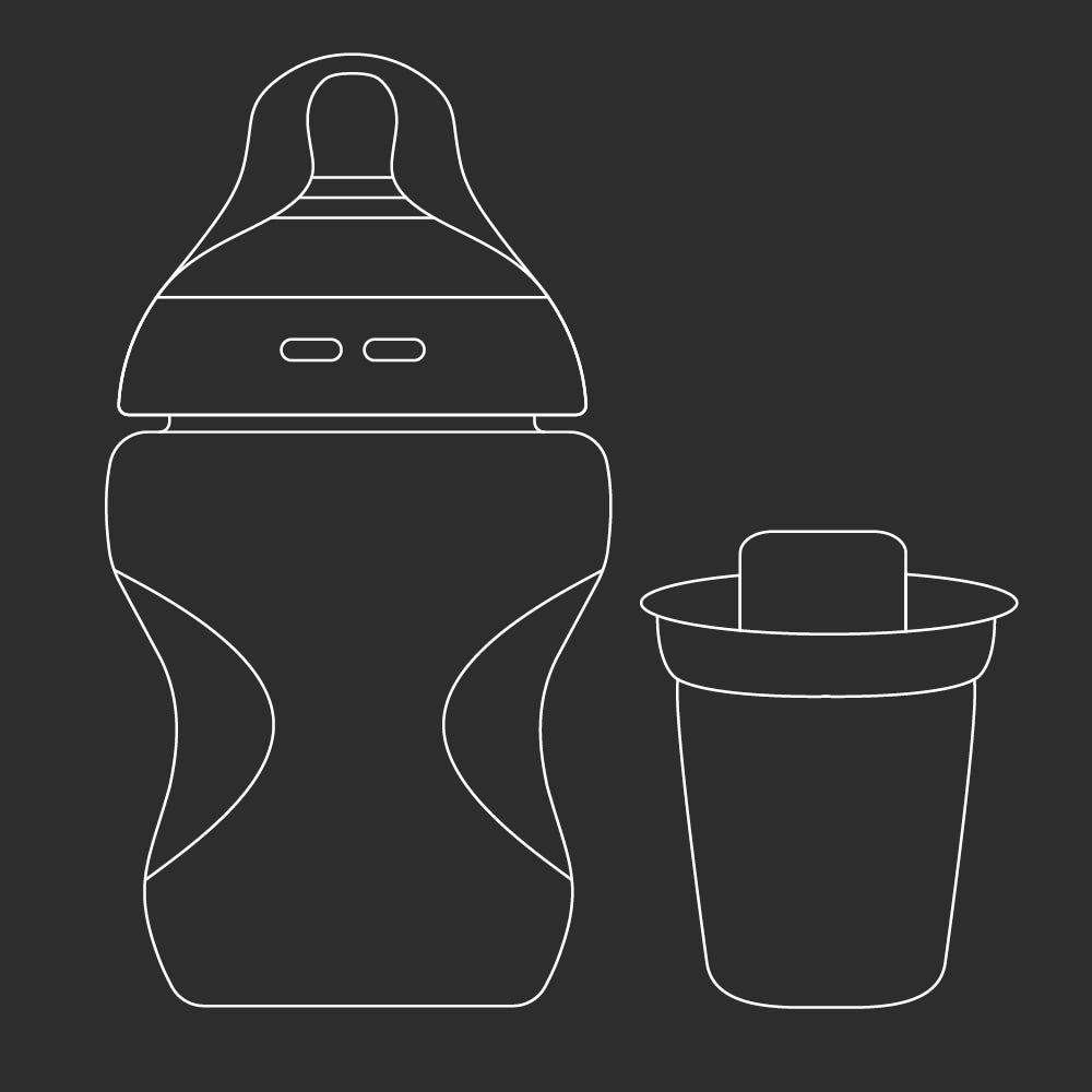 a key line drawing of a tommee tippee baby bottle and a formula pot on a black background 