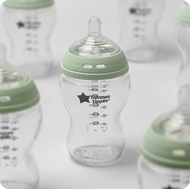 A glass baby bottle from Tommee Tippee. 