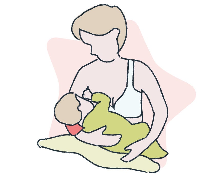 Illustration showing a mum breastfeeding her baby in a cradle hold position