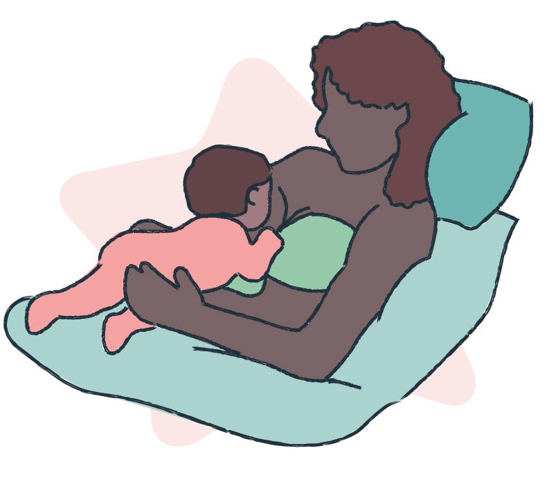 Illustration showing a mum breastfeeding her baby in a laid-back position
