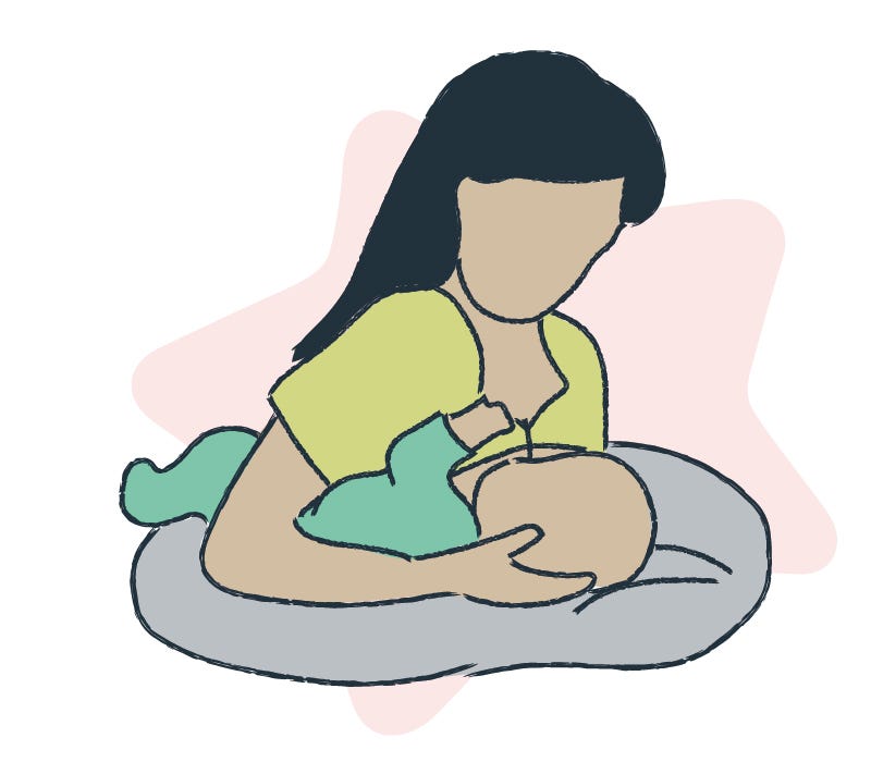 Illustration showing a mum breastfeeding her baby in a rugby hold position