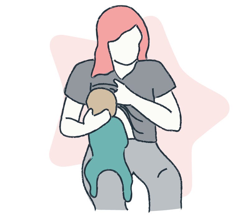 Illustration showing a mum breastfeeding her baby in a koala hold position