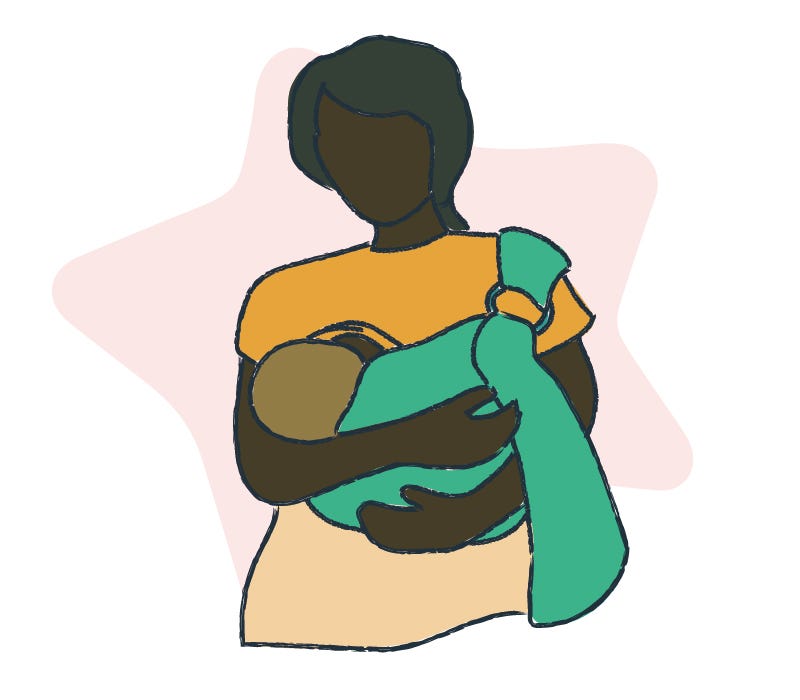 Illustration showing a mum breastfeeding her baby in a sling