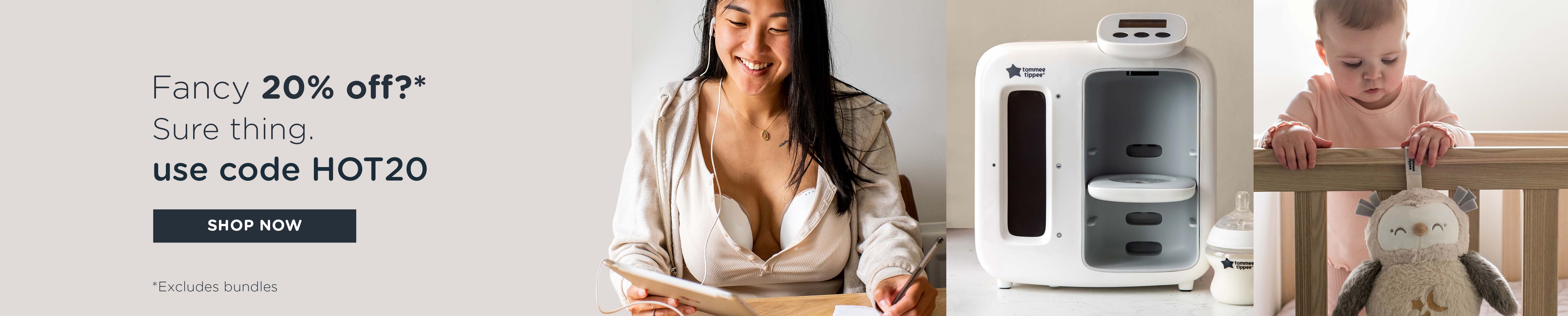 Text saying 'Fancy 20% Off? Sure thing use code HOT20 *Excluding bundles ' With an image of a Perfect Prep Day & Night, Mother using Weabale Breast Pump and child playing with Deluxe Travel Sleep Aid