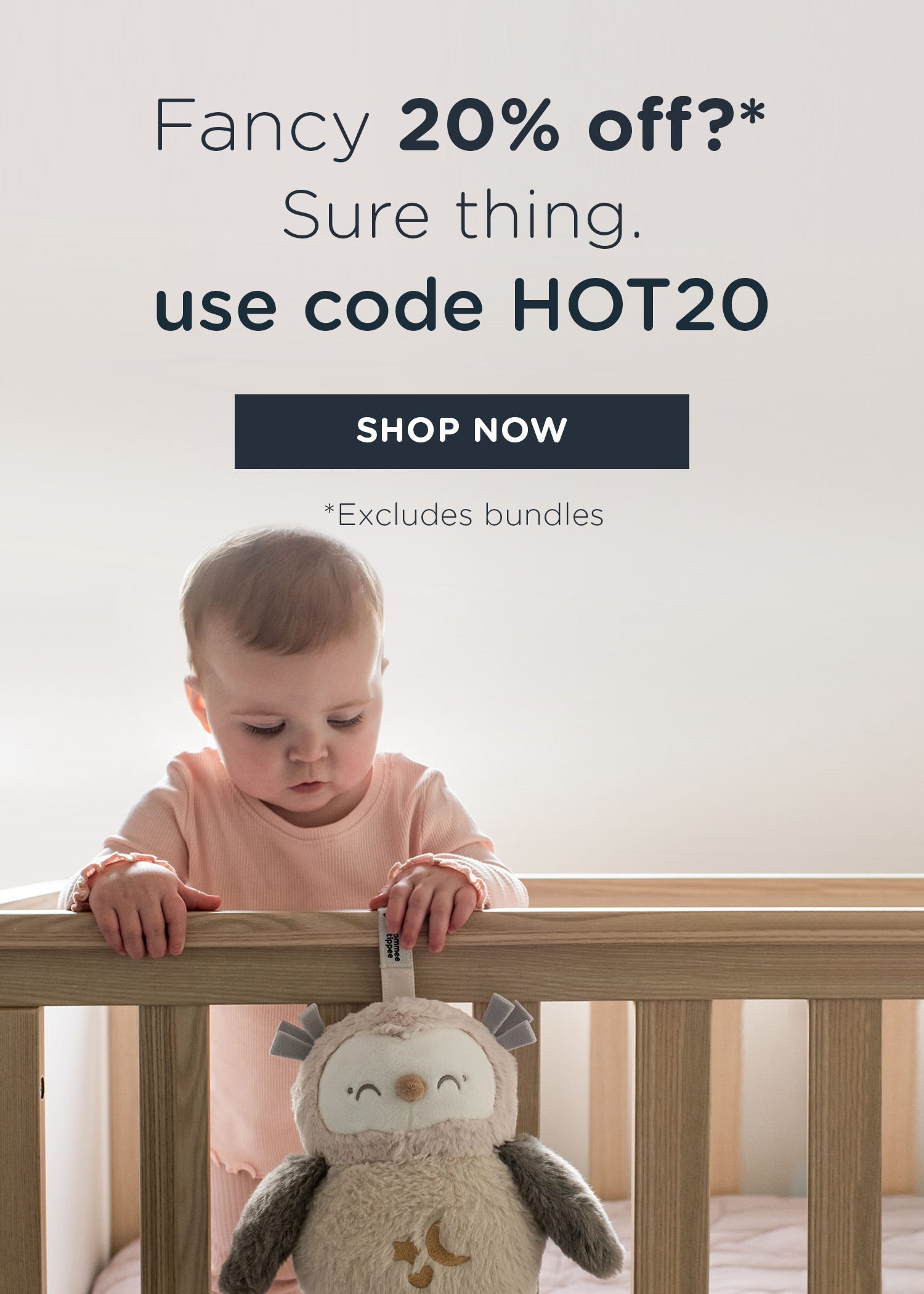 Text saying 'Fancy 20% Off? Sure thing use code HOT20 *Excluding bundles ' With an image of a Perfect Prep Day & Night, Mother using Weabale Breast Pump and child playing with Deluxe Travel Sleep Aid