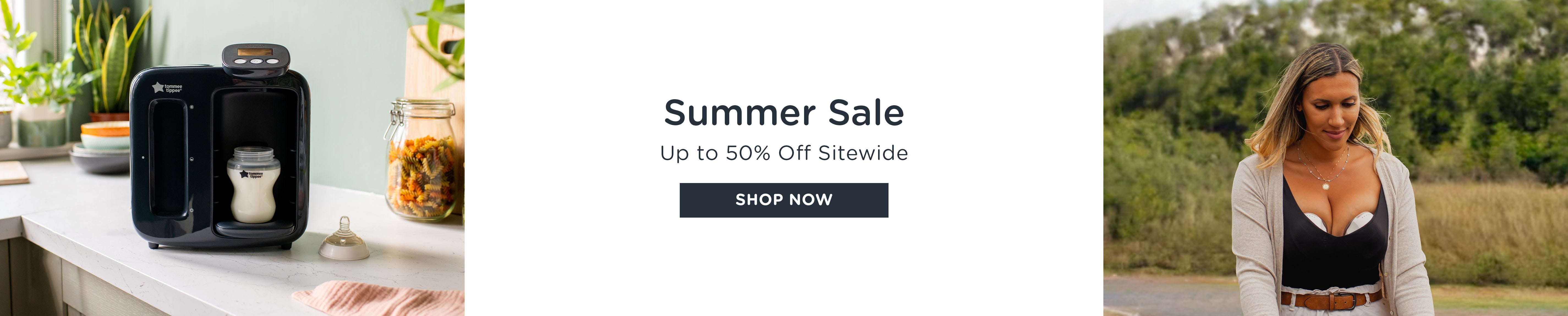 Text tstaing 'Summer Sale upto 50% Off sorewide' with an image of a perfect prep and a mother using wearable breast pump