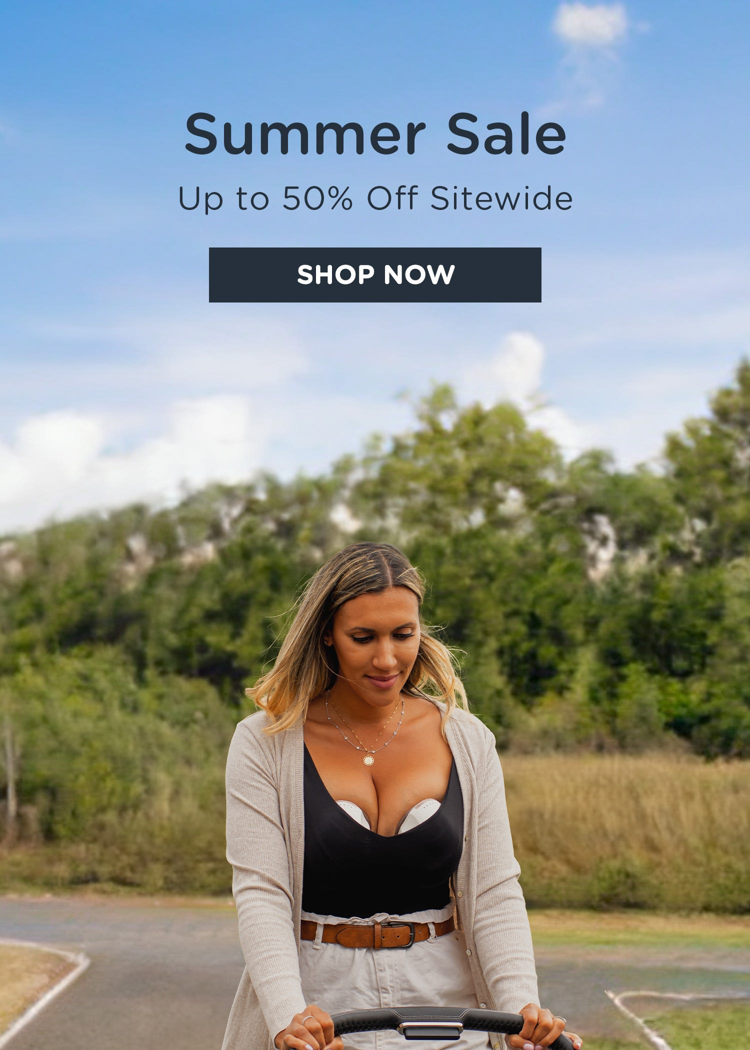 Text tstaing 'Summer Sale upto 50% Off sorewide' with an image of a perfect prep and a mother using wearable breast pump