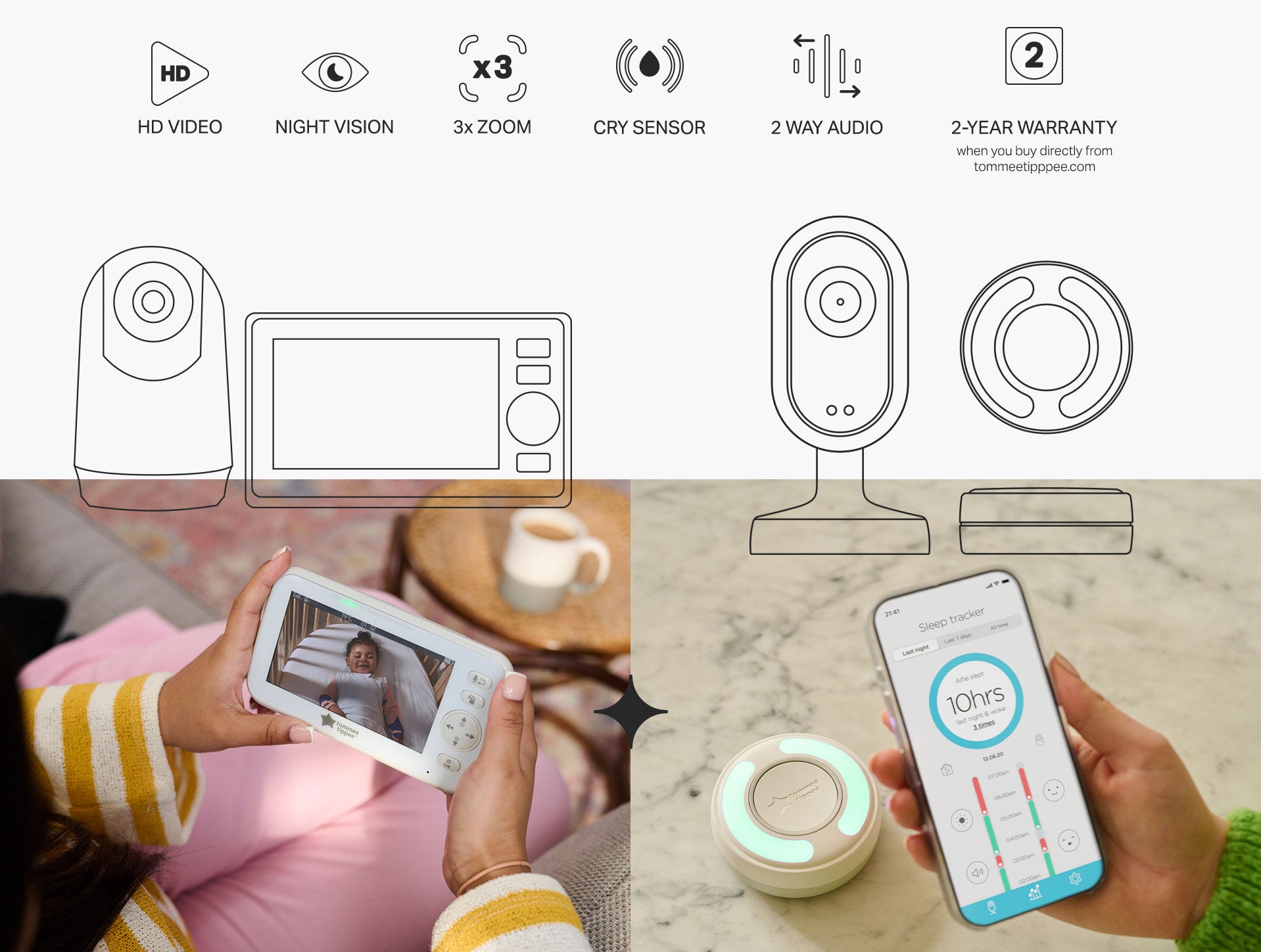 A collage of images showing photographs of two Tommee Tippee breast pumps alongside black line drawings. 