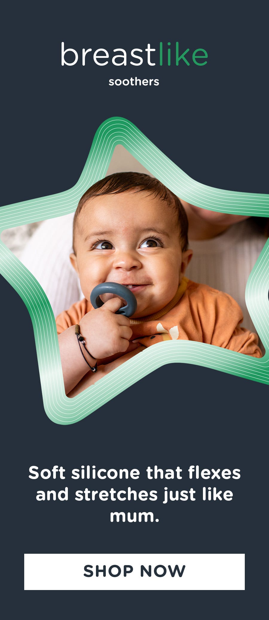 Baby using a breast-like soother with SHOP NOW CTA